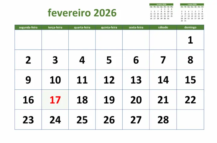 calendario fevereiro 2026
