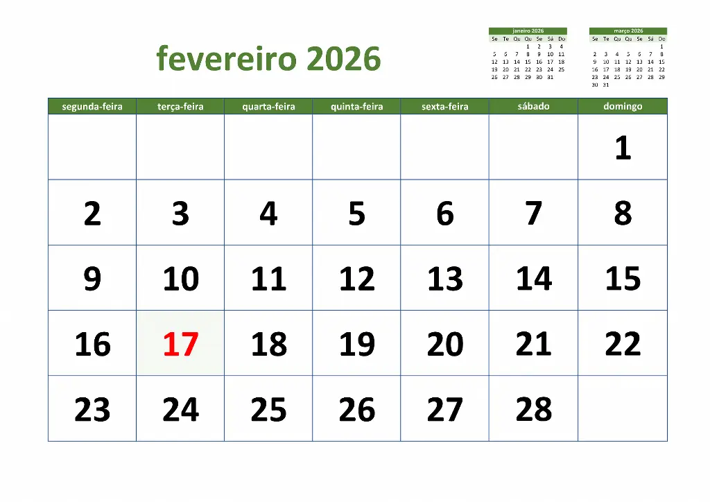 calendario fevereiro 2026