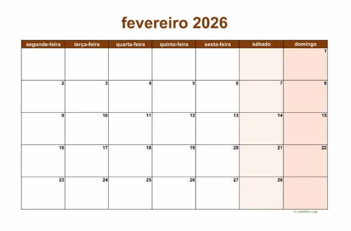 calendario fevereiro 2026
