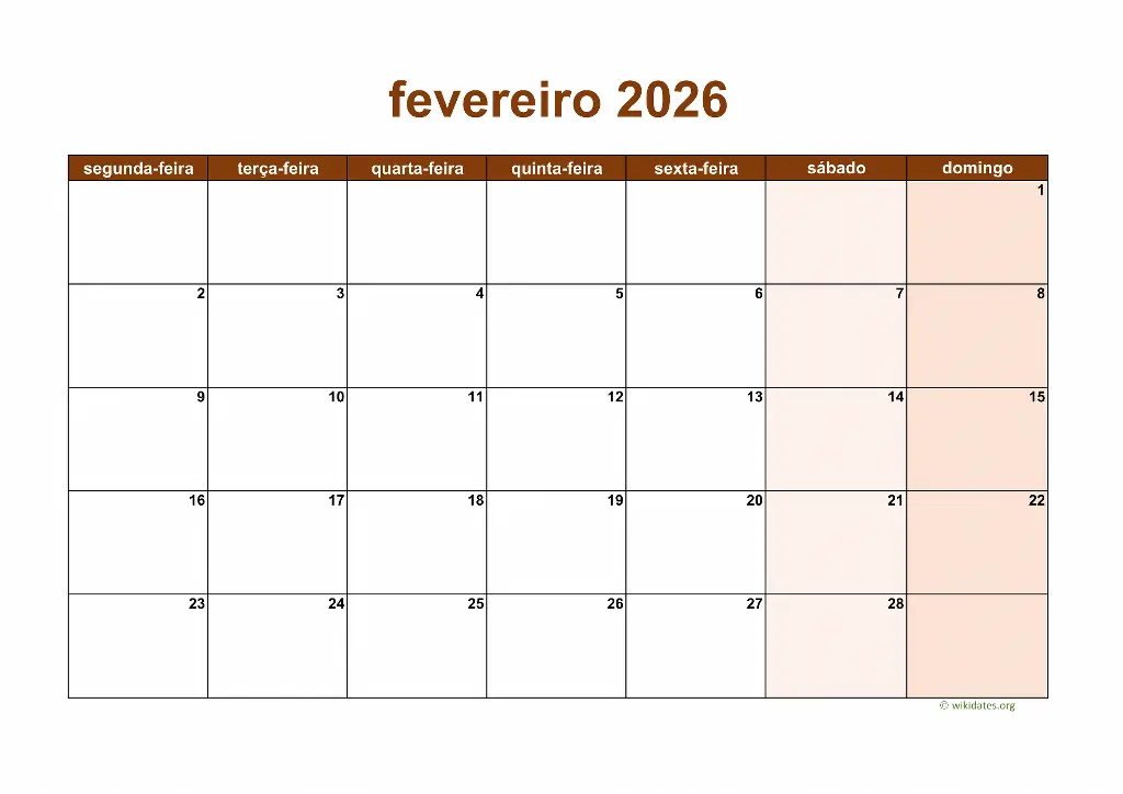 calendario fevereiro 2026